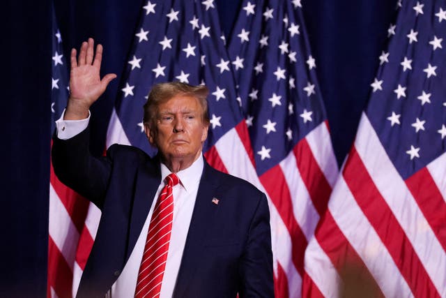 <p>Republican presidential candidate and former U.S. President Donald Trump gestures during a campaign rally at the Forum River Center in Rome, Georgia, on 9 March 2024</p>