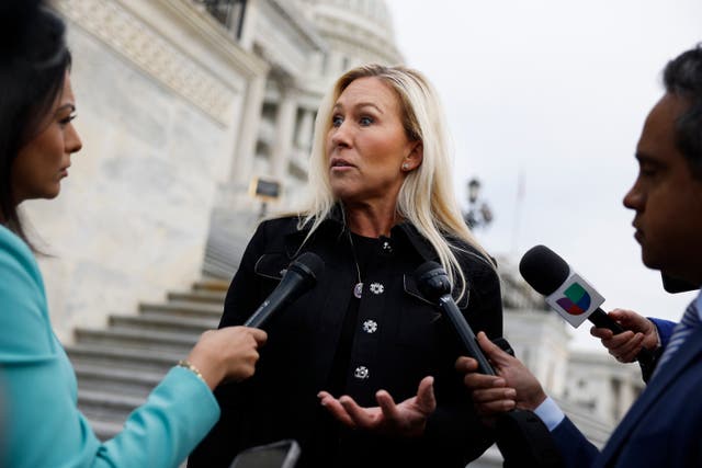 <p>Rep. Marjorie Taylor Greene speaks to reporters outside of the US Capitol Building during a vote on legislation pertaining to TikTok on 13 March 2024 in Washington DC</p>