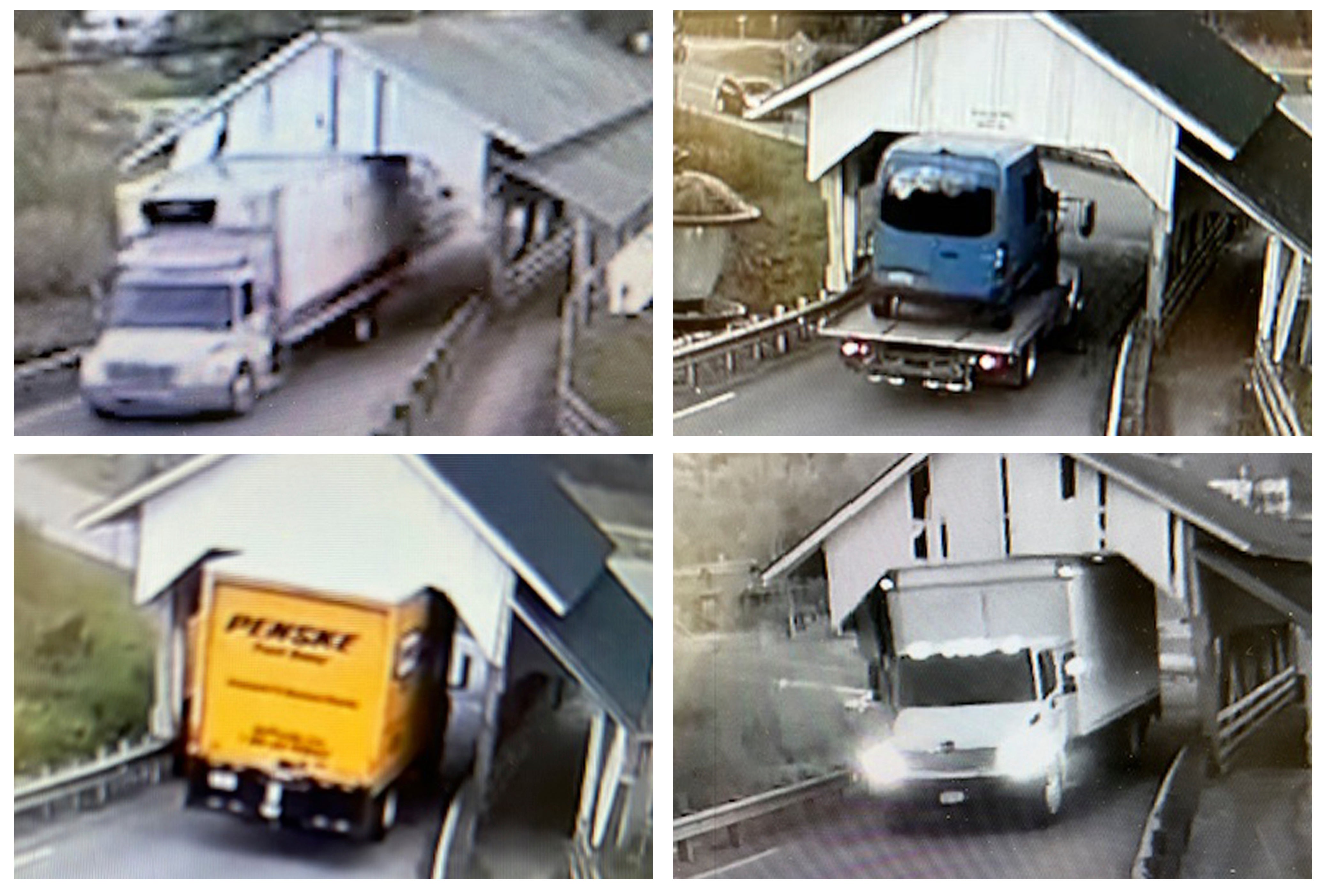 This selection of undated still frames from security video camera footage provided by Michael Grant shows a variety of oversized box trucks crashing through the historic Miller's Run covered bridge in Lyndon