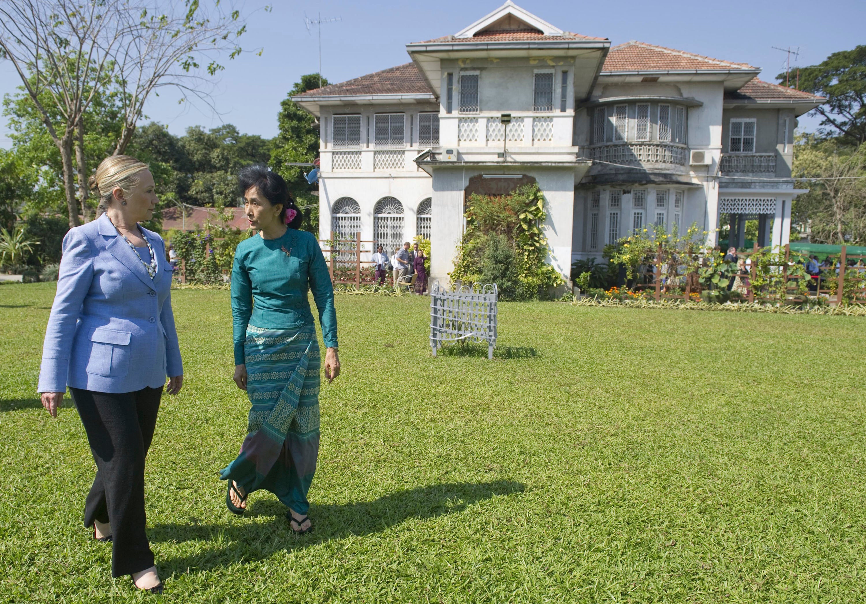 Myanmar’s Aung San Suu Kyi is seen in this 2011 image at her home in Yangon with Hillary Clinton