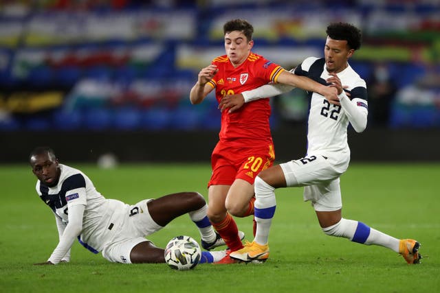 Daniel James (centre) is set to do battle against Finland again in Wales’ Euro 2024 play-off semi-final (Nick Potts/PA)
