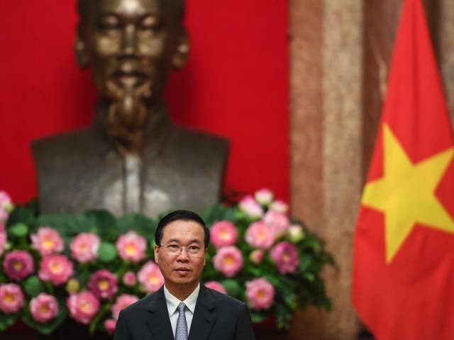 <p>Vietnam’s president Vo Van Thuong looks on during a meeting </p>
