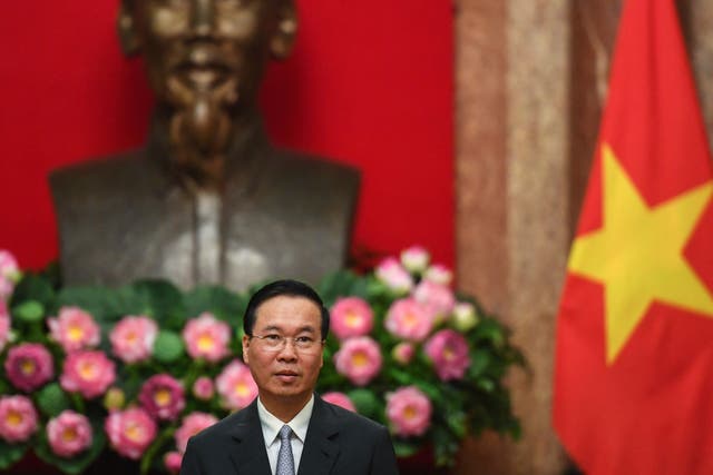 <p>Vietnam’s president Vo Van Thuong looks on during a meeting </p>