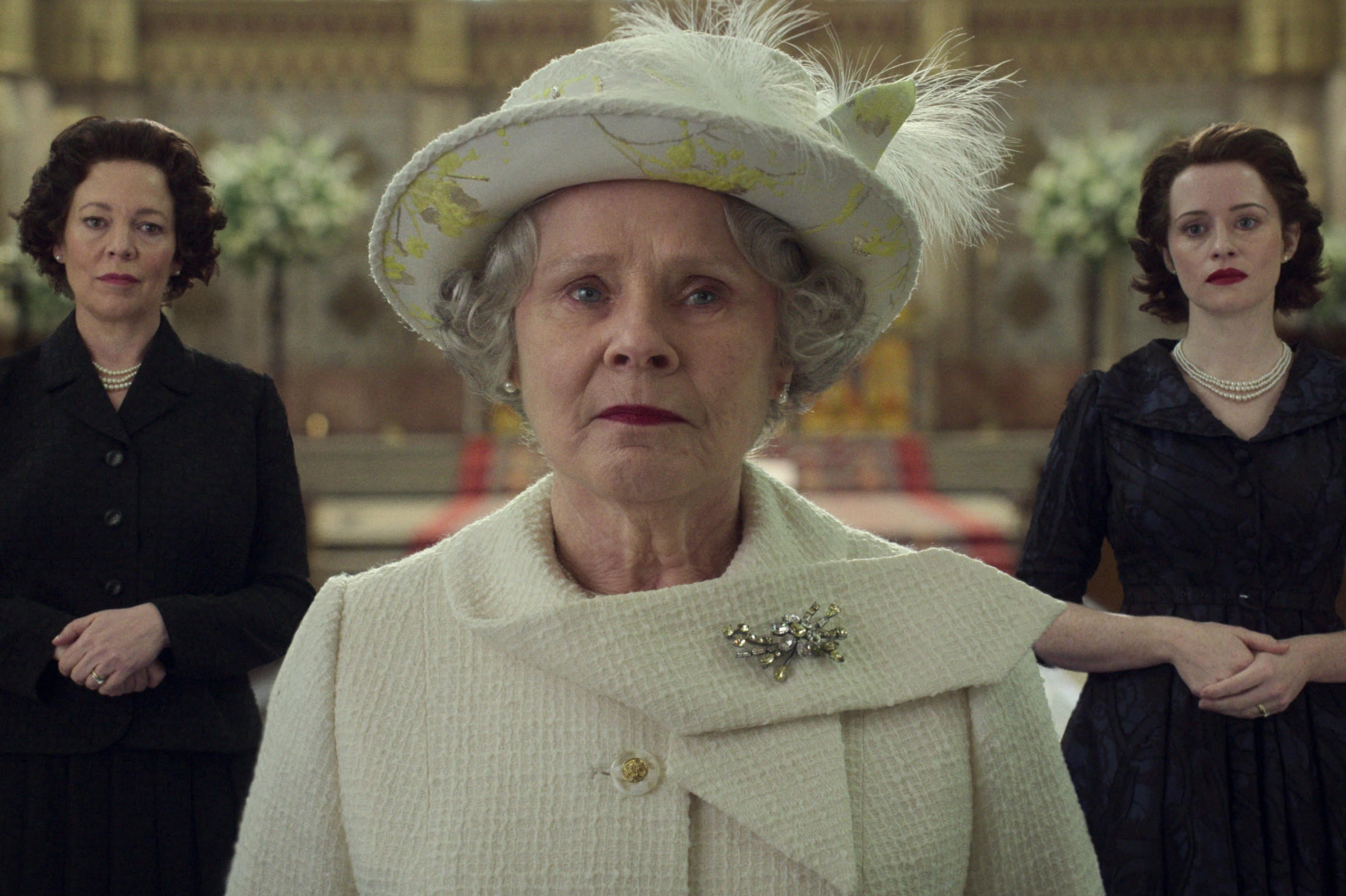 <p>The three queens of The Crown - Olivia Colman, Imelda Staunton and Claire Foy</p>