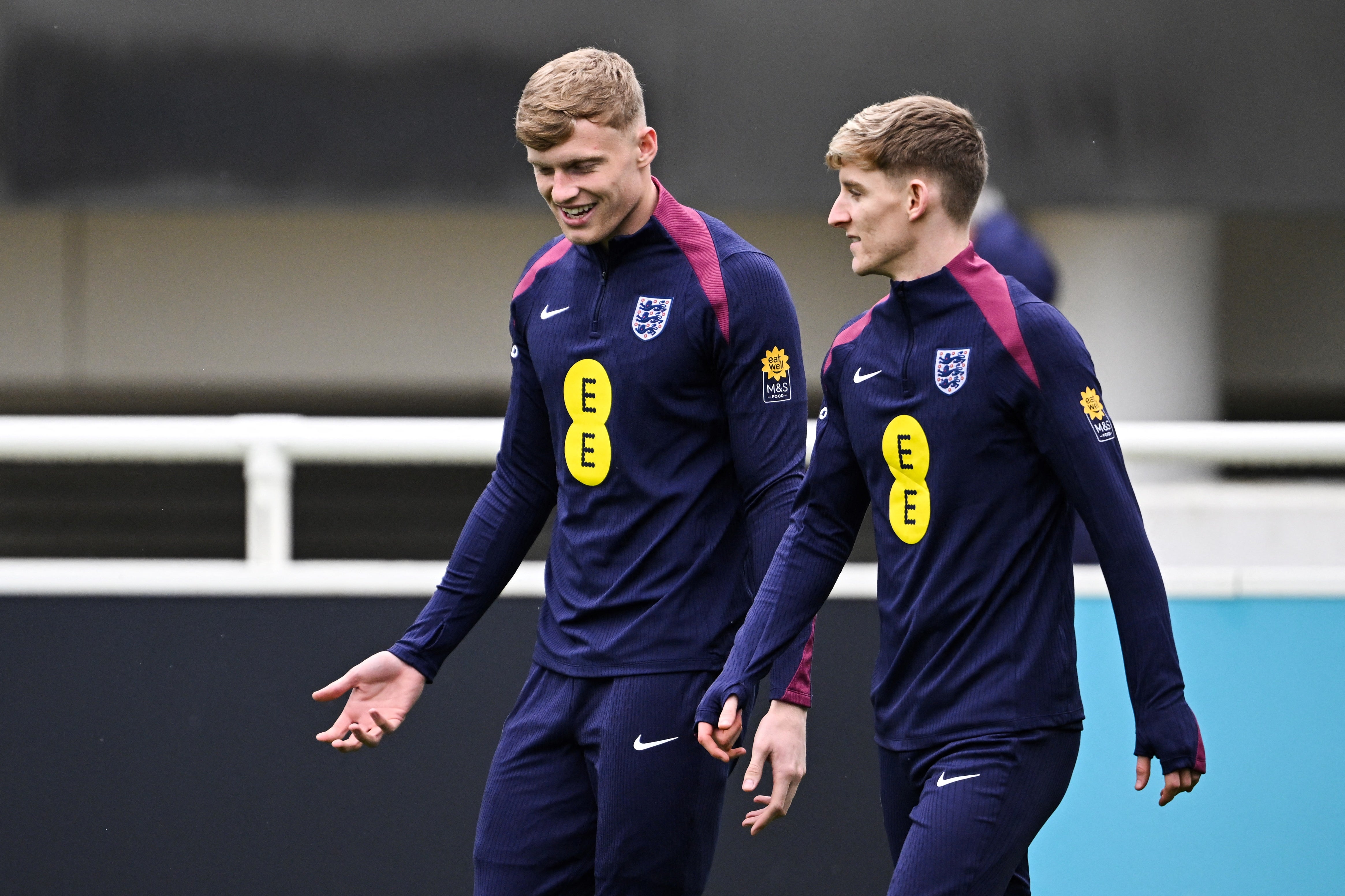 Branthwaite in England training with ex-Everton teammate Anthony Gordon