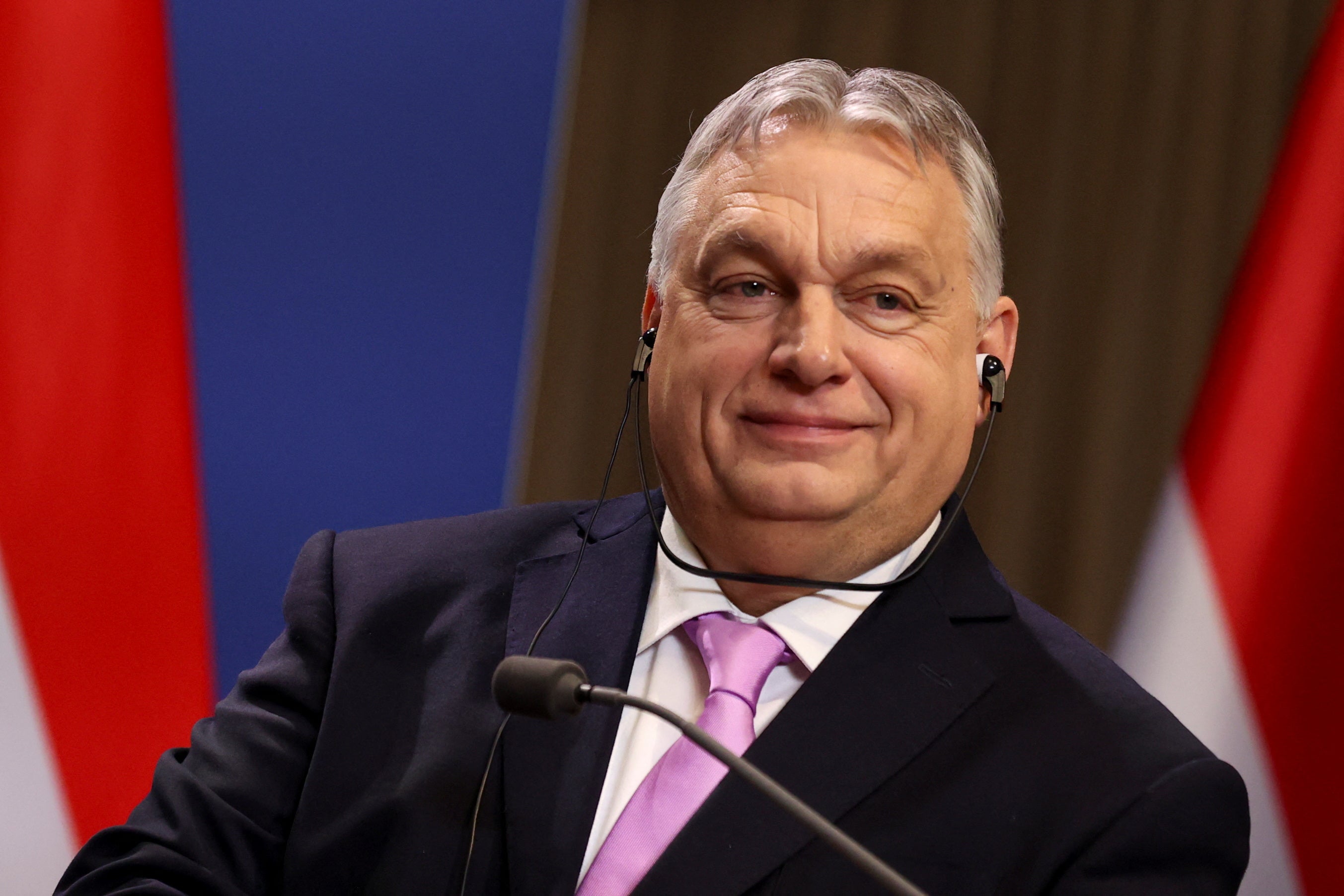 <p>Hungarian prime minister Victor Orban attends a press conference on 23 February 2024</p>