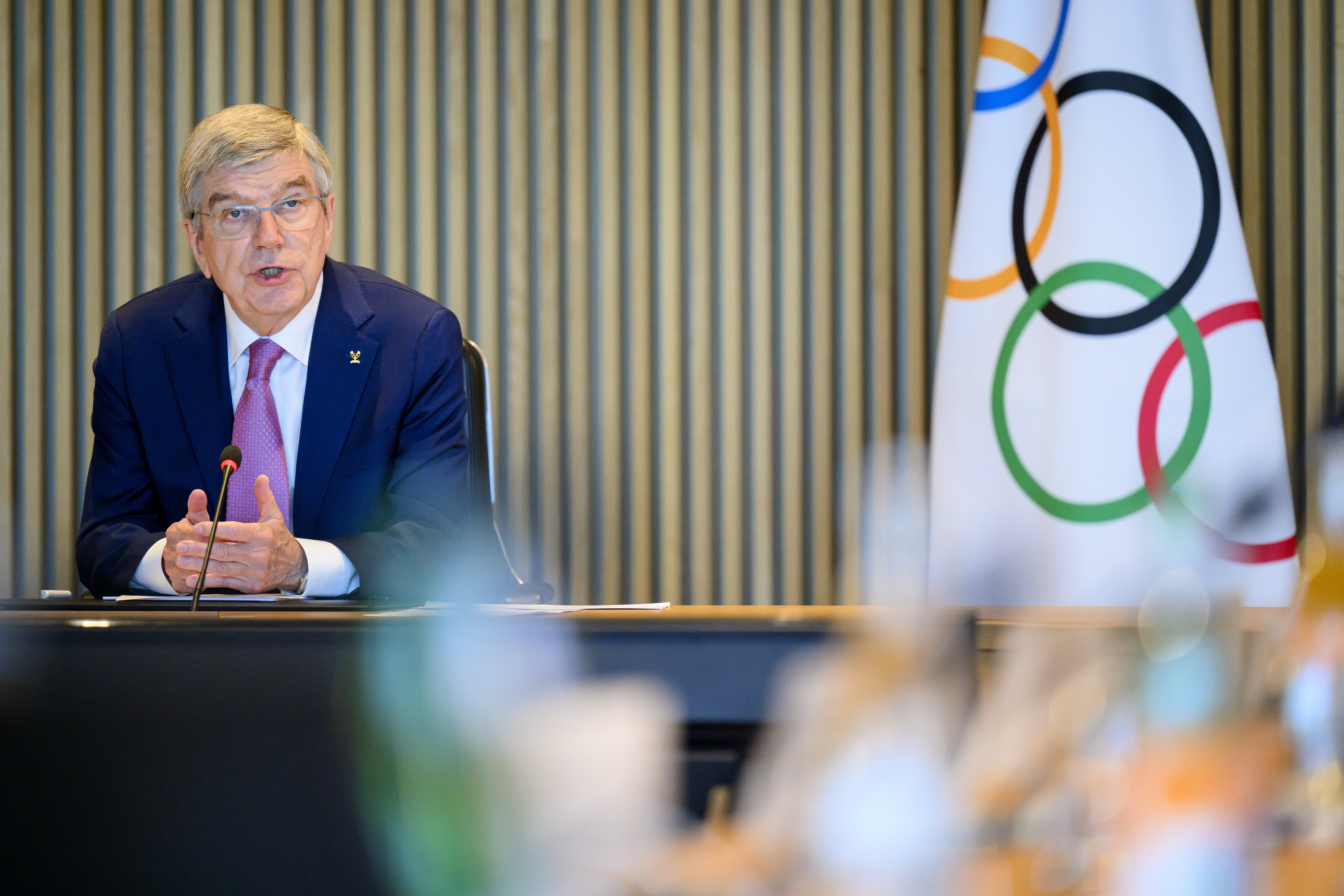 <p>International Olympic Committee (IOC) president Thomas Bach speaks at the opening of the executive board meeting of the International Olympic Committee, at the Olympic House, in Lausanne, Switzerland, 19 March 2024</p>