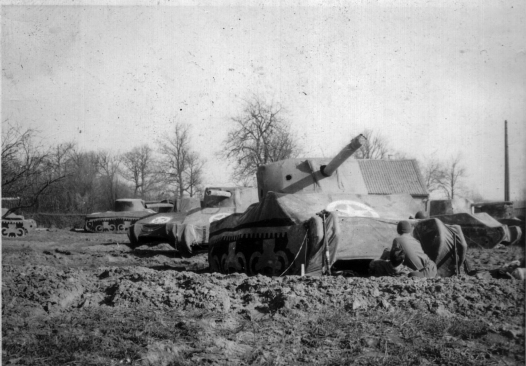 This photo provided by the Ghost Army Legacy Project shows inflatable tanks in March, 1945