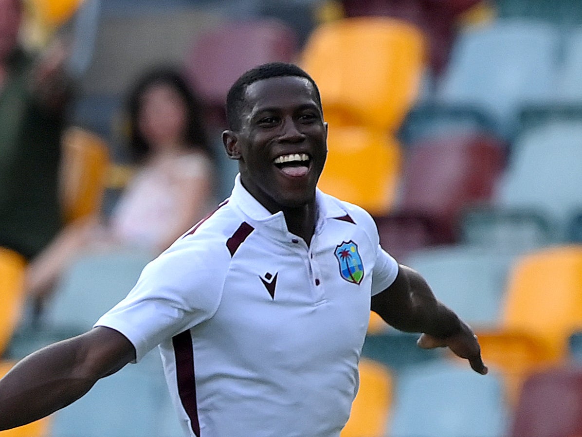 <p>Shamar Joseph celebrates in Adelaide against Australia</p>