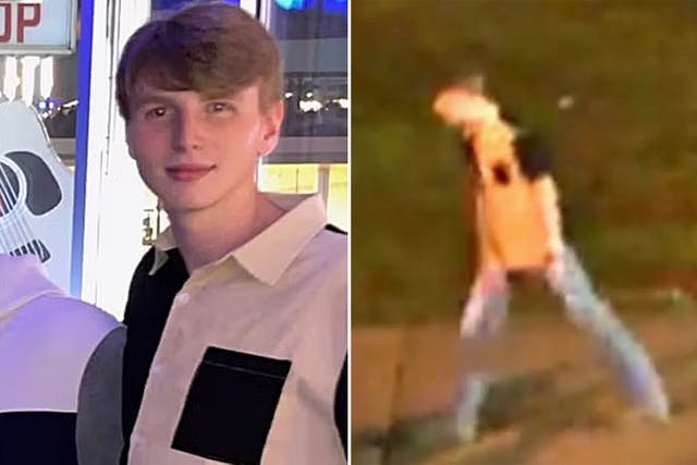 <p>Riley Strain was captured in surveillance footage (right) on the night he was last seen </p>