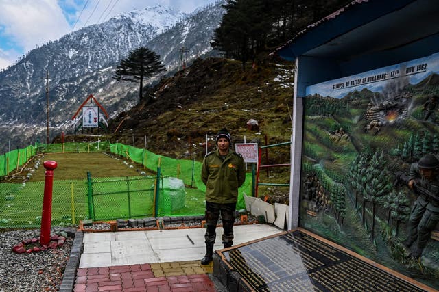 <p>File: This picture taken on 5 April 2023 shows an Indian army soldier standing at the Jaswant Garh war memorial in the Tawang district of India’s Arunachal Pradesh state </p>