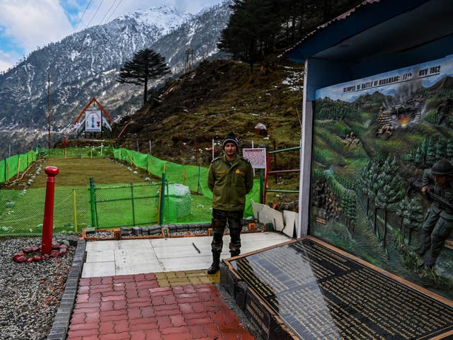 <p>File: This picture taken on 5 April 2023 shows an Indian army soldier standing at the Jaswant Garh war memorial in the Tawang district of India’s Arunachal Pradesh state </p>