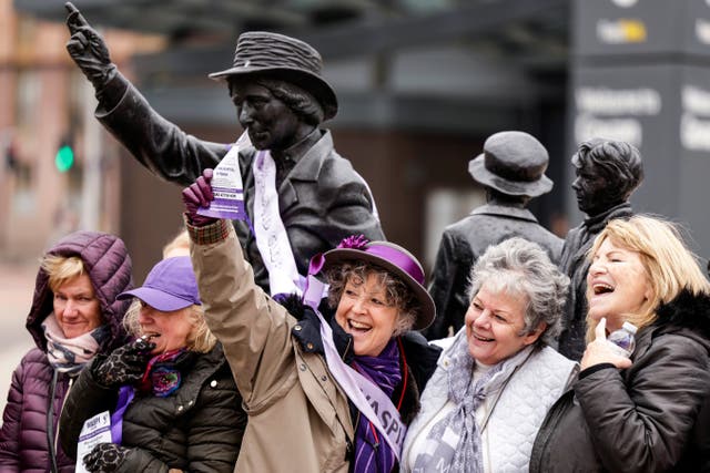 <p>WASPI women gather at the statue of political activist Mary Barbour in Glasgow, 8 March </p>