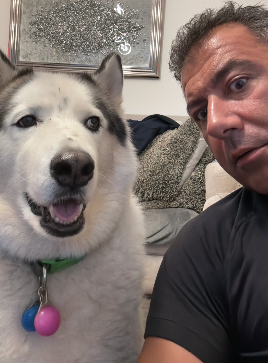 Alan the rescue husky and his owner Simon Warner