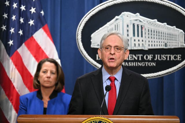 <p>US Attorney General Merrick Garland speaks at a press conference at the Justice Department </p>