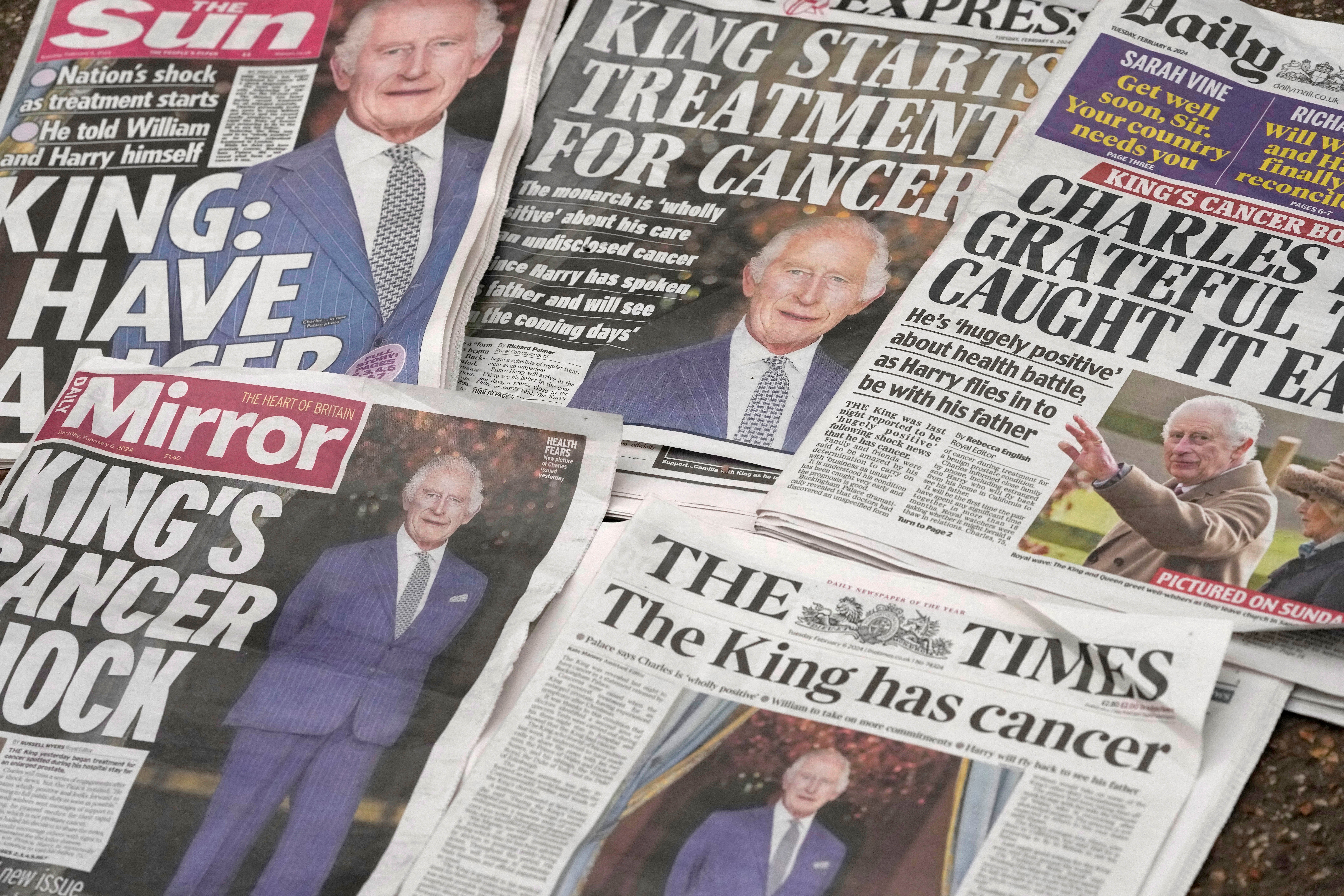 A selection of front pages of the British national newspapers for February 6, 2024, after it was announced that the King has cancer