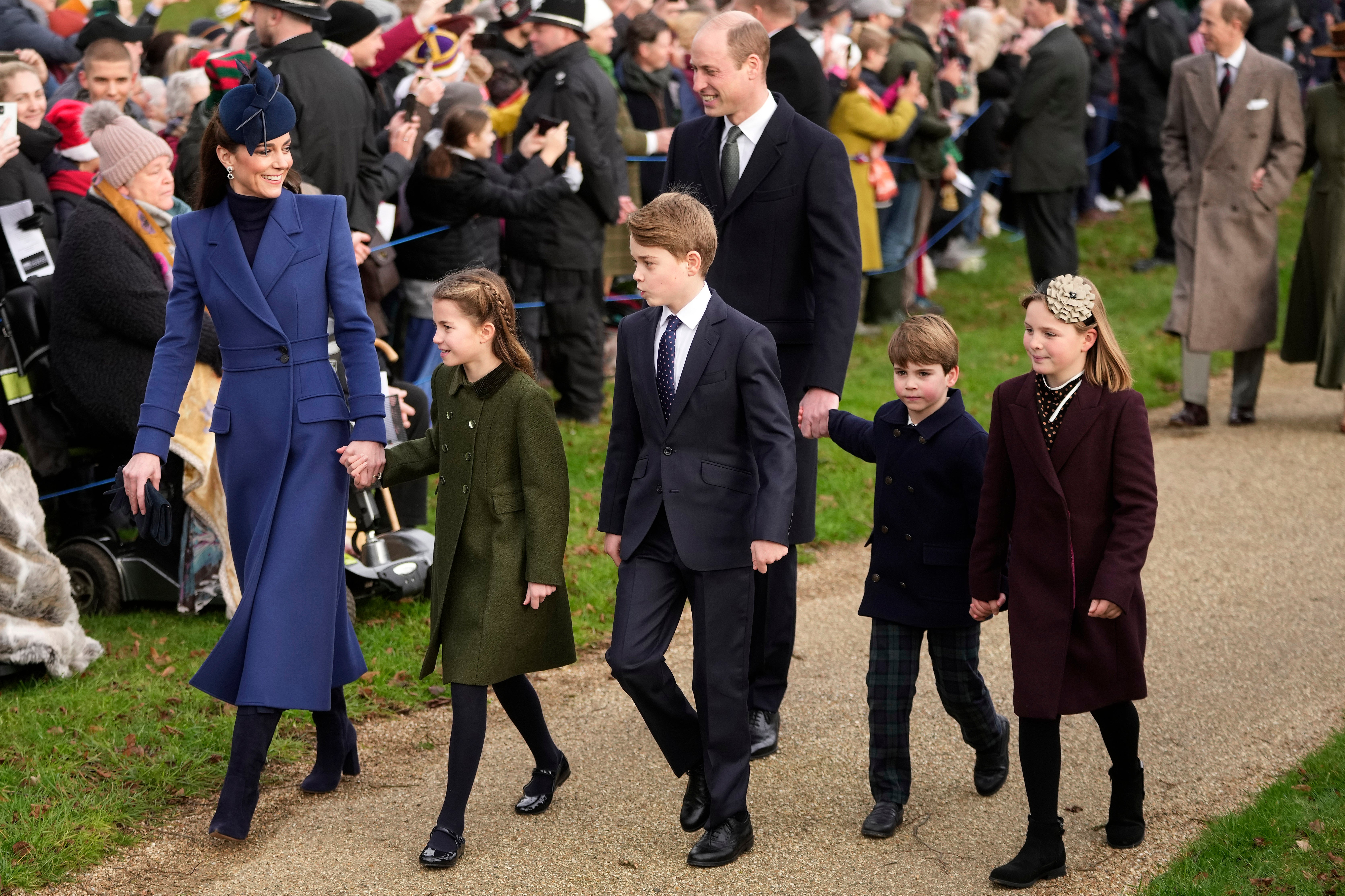 Kate, Princess of Wales, Princess Charlotte, Prince George, William, the Prince of Wales, Prince Louis and Mia Tindall arrive to attend the Christmas day service at St Mary Magdalene Church in Sandringham in Norfolk, England, December. 25, 2023. (AP Photo/Kin Cheung, File)