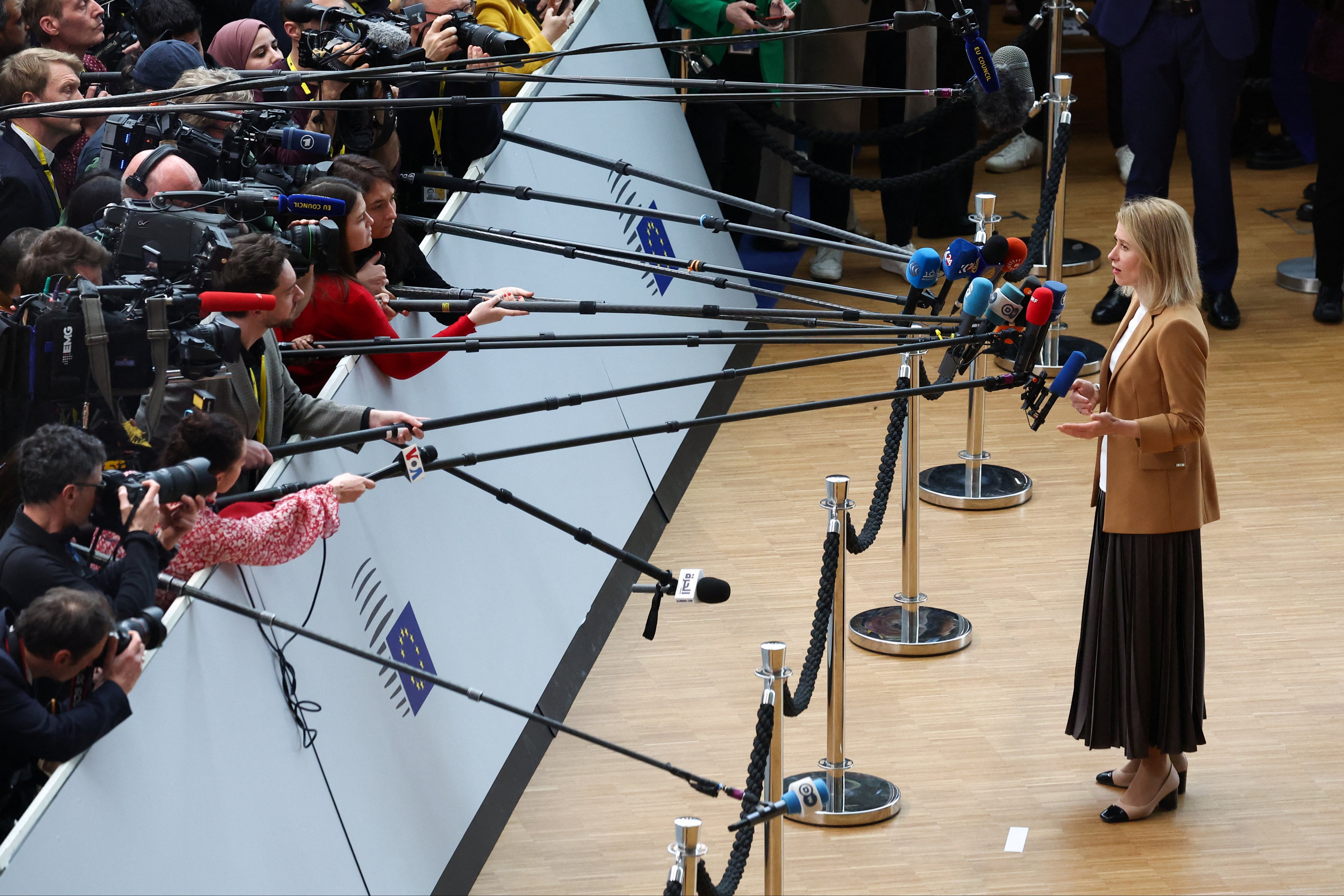 Estonian prime minister Kaja Kallas outside the EU leaders’ summit in Brussels