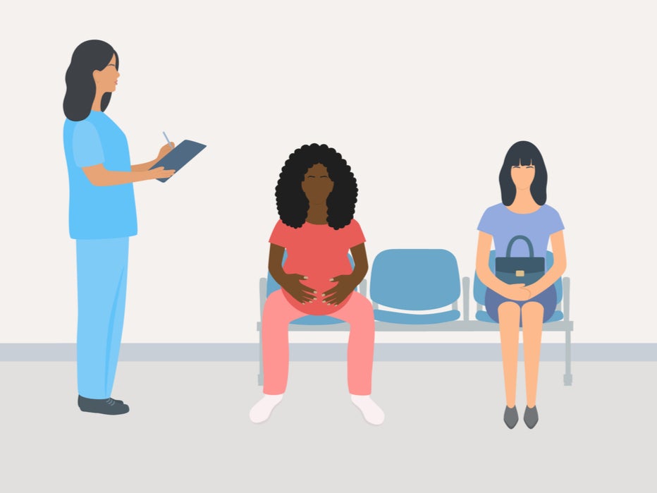 <p>OB-GYN office waiting room with a pregnant woman and another patient biding their time. </p>