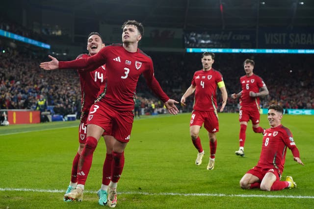 <p>Wales celebrate scoring against Finland </p>