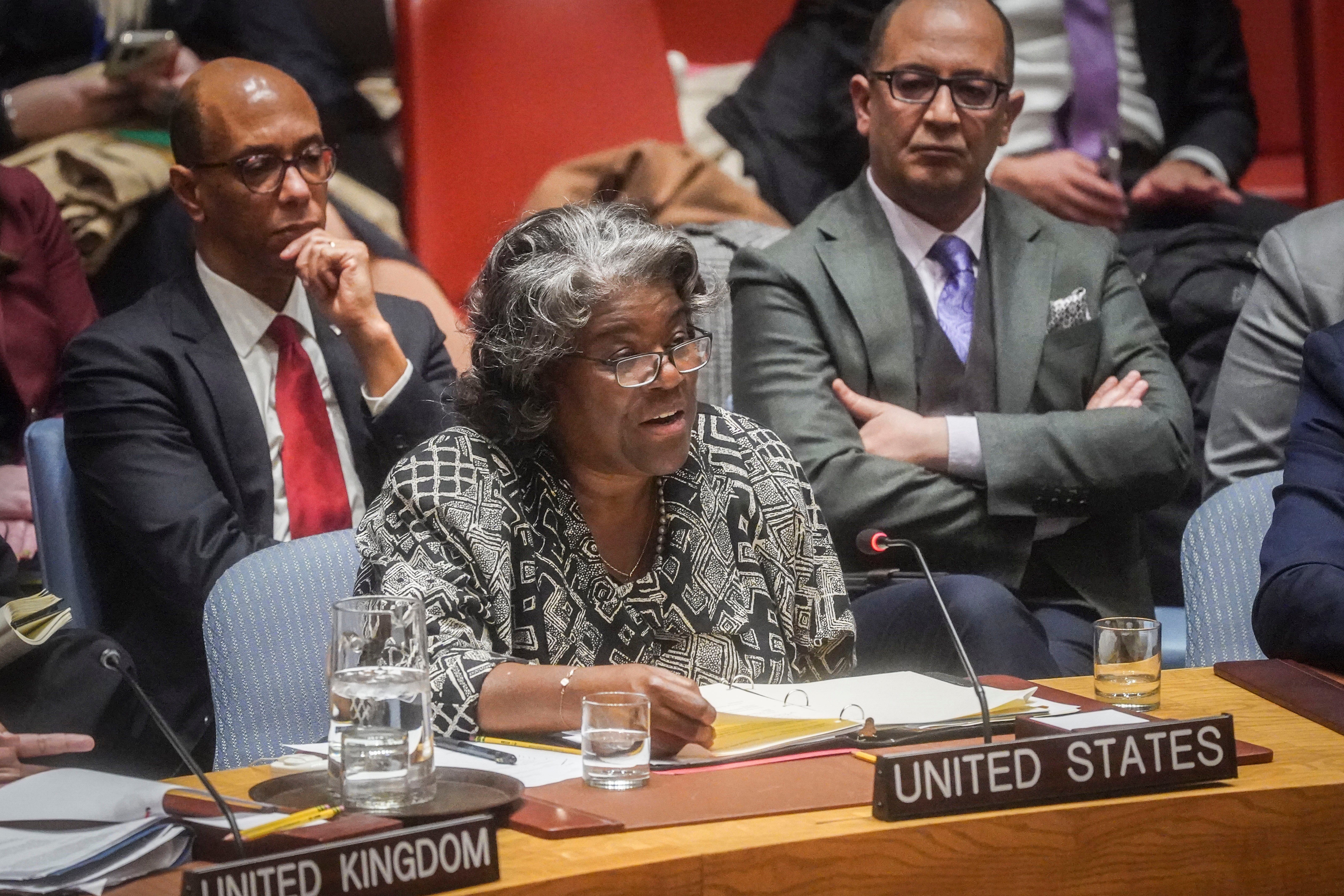 America’s UN ambassador Linda Thomas-Greenfield speaks on the resolution