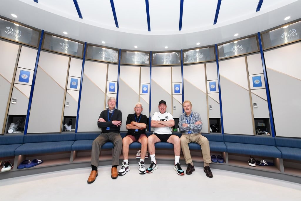 Hugh (left) with his former team mates Howard Riley (middle left) and Richie Norman (right) visited Leicester City's new training ground with club ambassador Alan Birchenall (Collect/PA Real Life)