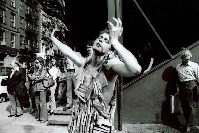 <p>The performance artist Stephen Varble in Soho, New York, in 1978 </p>