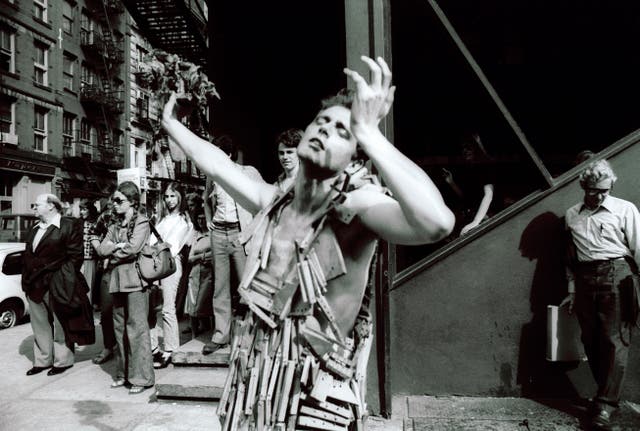 <p>The performance artist Stephen Varble in Soho, New York, in 1978 </p>