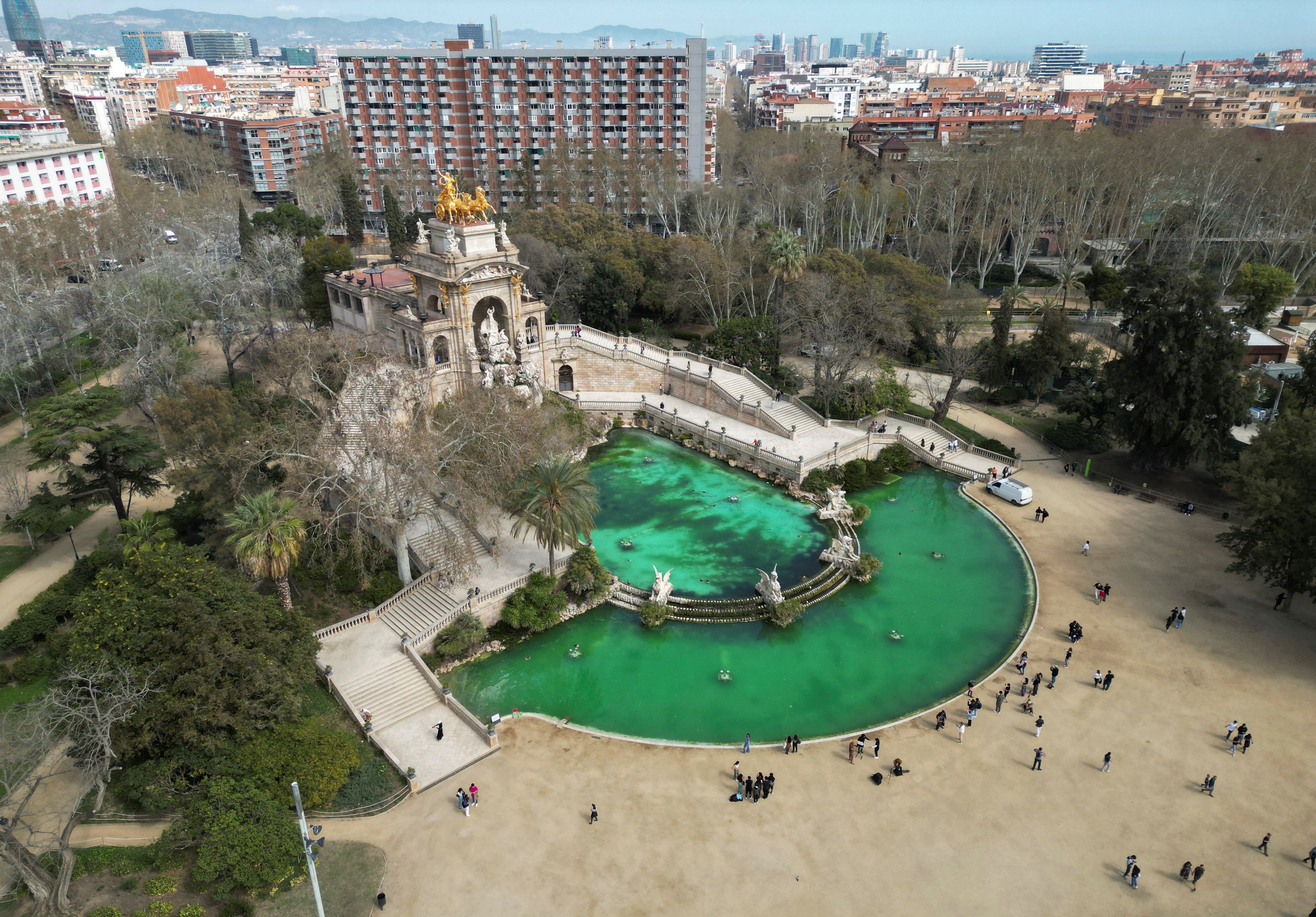 A drone view shows a fountain at Parc de la Ciutadella in Barcelona, Spain, March 19, 2024