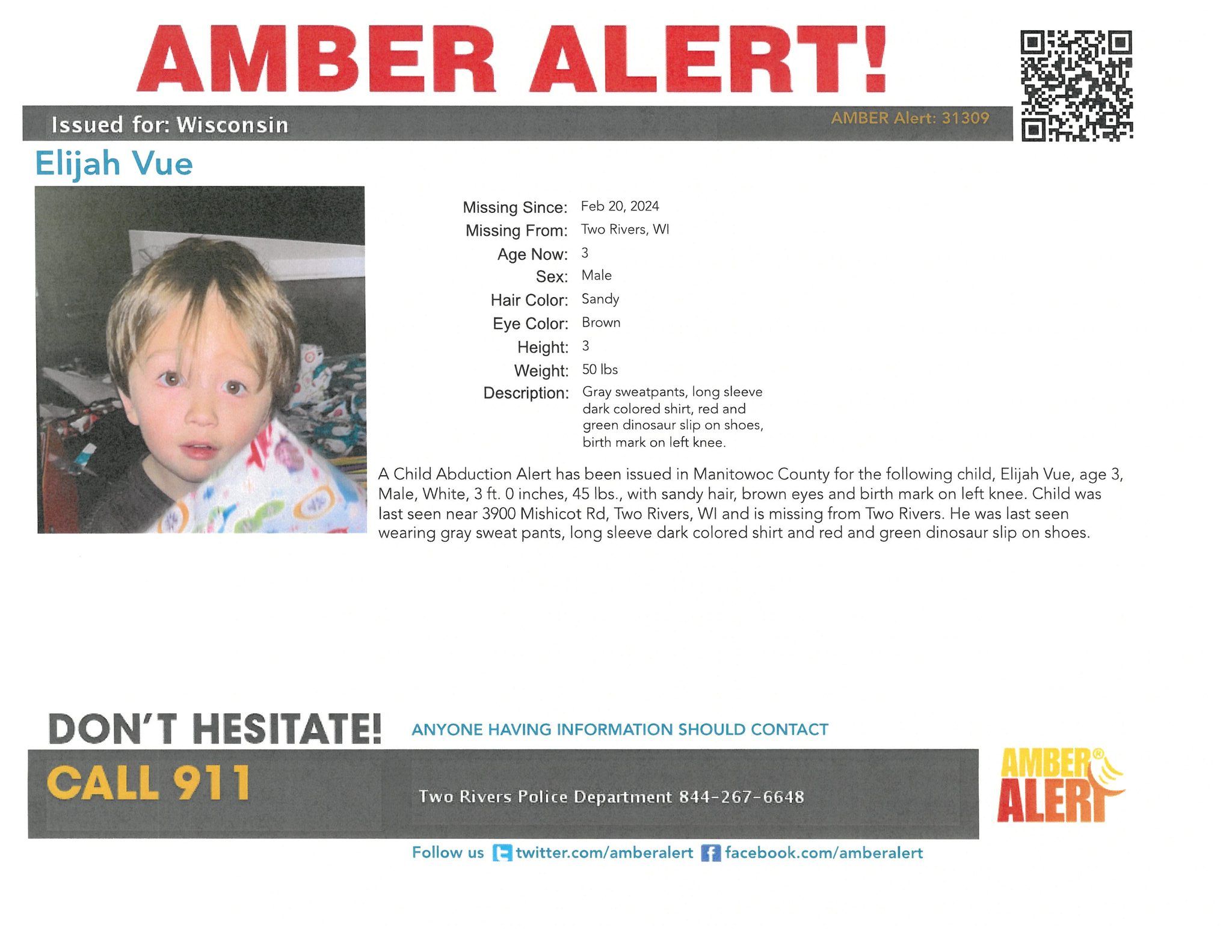 An Amber Alert was issued for Elijah Vue the day he disappeared, 20 February 2024