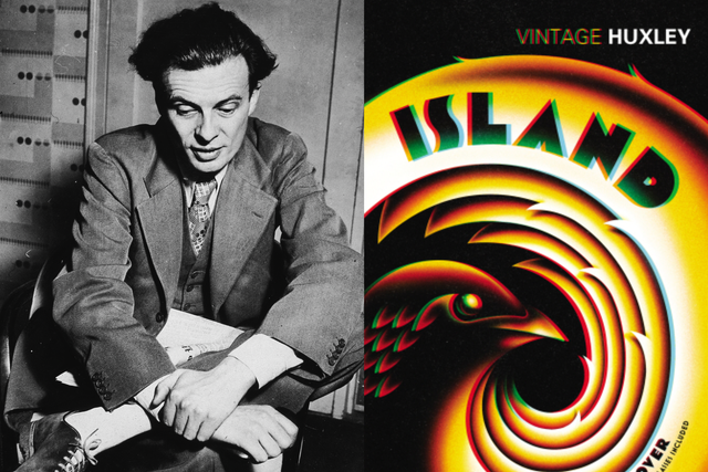 <p>Aldous Huxley in the 1930s and cover detail of the 2016 Vintage edition of his final novel ‘Island’  </p>