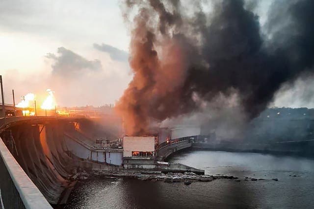 <p>In this photo provided by Telegram Channel of Ukraine’s prime minister Denys Shmyhal, smoke and fire rise over the Dnipro hydroelectric power plant after Russian attack</p>