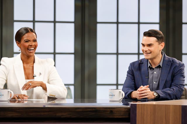 <p>Author Candace Owens and American commentator Ben Shapiro are seen on set during a taping of "Candace" on March 17, 2021 </p>