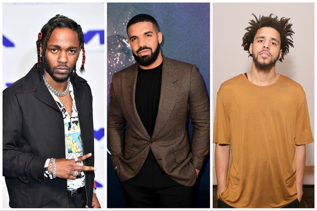 <p>(l-r) Kendrick Lamar, Drake and J Cole</p>