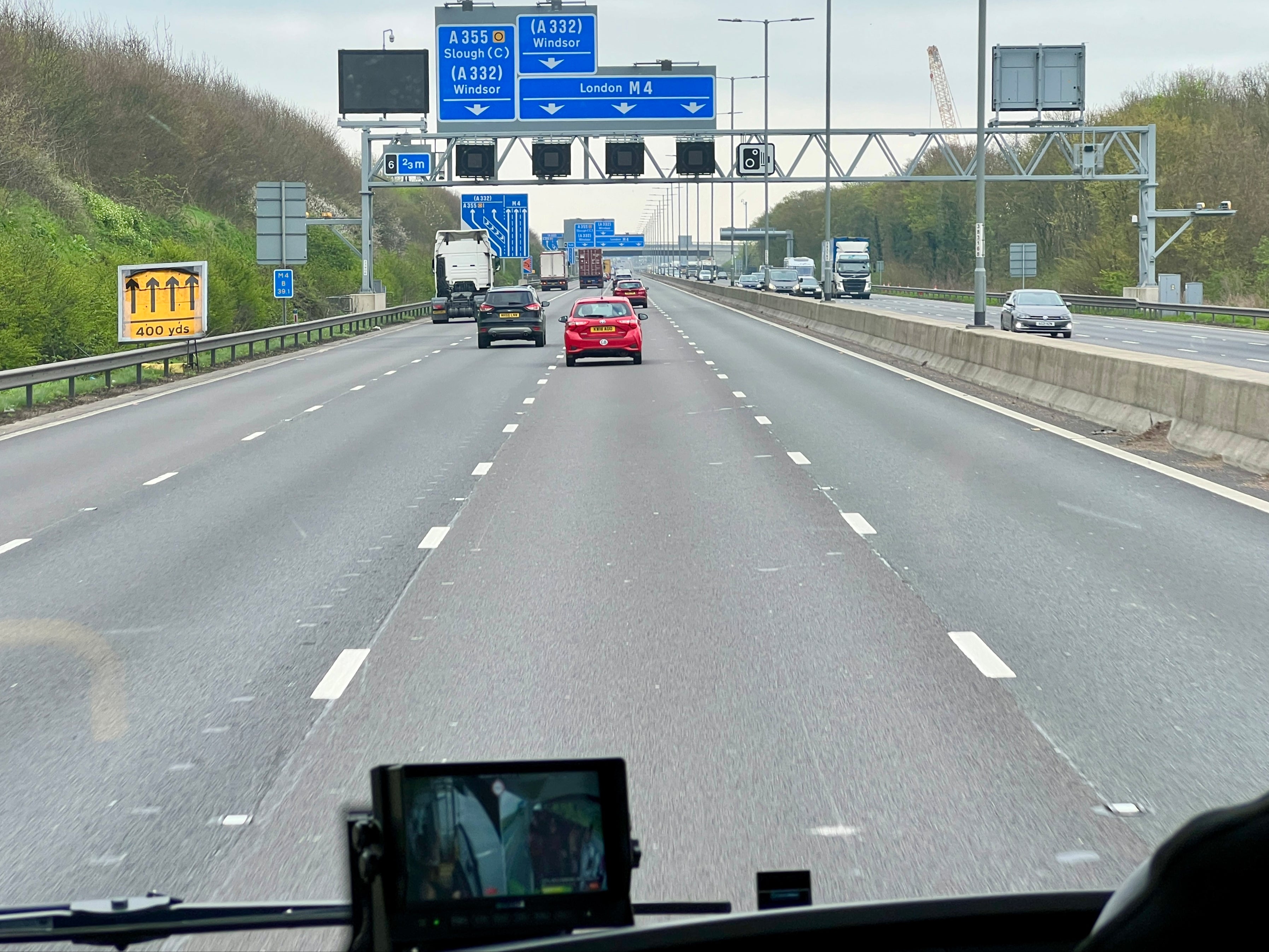 On the road: the coach approaching London on the M4