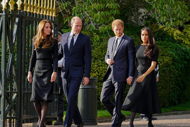 <p>FILE - Britain's Prince William, second left, Kate, Princess of Wales, left, Britain's Prince Harry, second right, and Meghan, Duchess of Sussex</p>