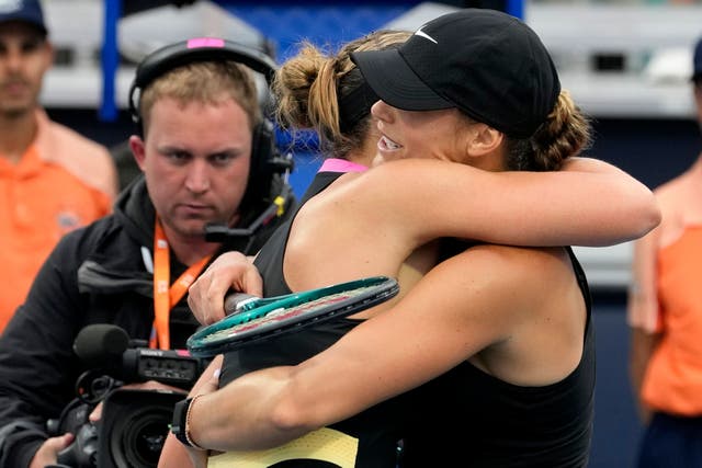 Aryna Sabalenka, right, embraces Paula Badosa after their match in Miami (Lynne Sladky/AP)