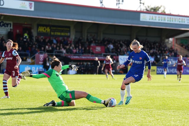 Aggie Beever-Jones’ early goal against West Ham helped Chelsea on their way to regaining top spot in the WSL (John Walton/PA)