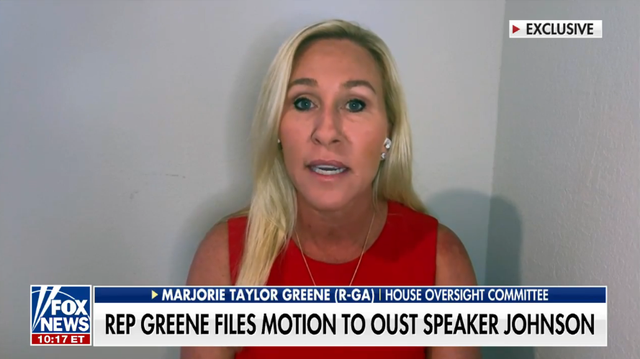 <p>Marjorie Taylor Greene, congresswoman from Georgia, appears on Fox’s Sunday Morning Futures show to discuss her bid to oust Speaker Mike Johnson</p>
