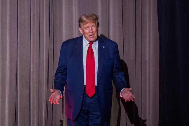 <p>Former President and Republican presidential candidate Donald Trump addresses the 2024 National Religious Broadcasters Association International Christian Media Convention in February 2024</p>