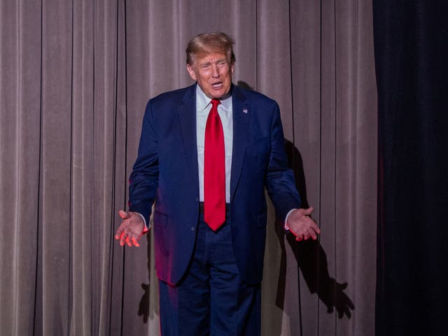 <p>Former President and Republican presidential candidate Donald Trump addresses the 2024 National Religious Broadcasters Association International Christian Media Convention in February 2024</p>