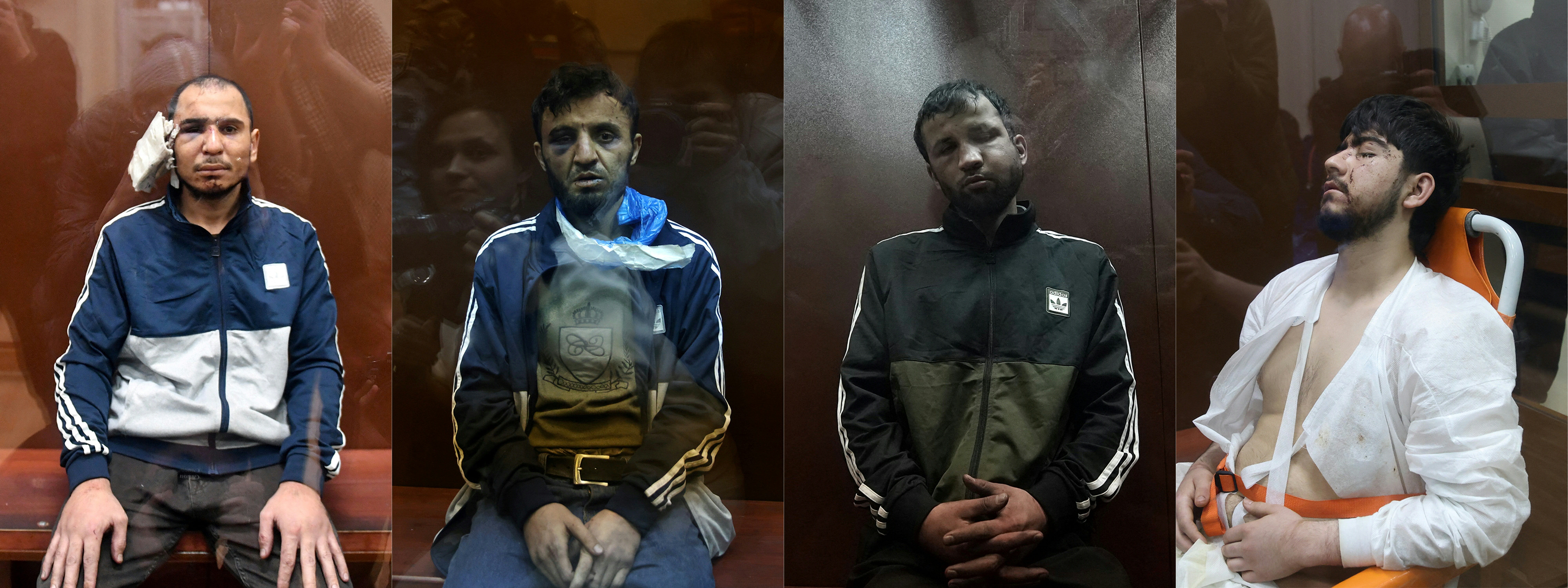This combination of pictures created on March 24, 2024 shows (from L) Saidakrami Murodalii Rachabalizoda, Dalerdjon (alternatively spelled Dalerdzhon) Barotovich Mirzoyev, Shamsidin Fariduni and Muhammadsobir Fayzov suspected of taking part in the attack of a concert hall that killed 137 people, the deadliest attack in Europe to have been claimed by the Islamic State jihadist group in decades