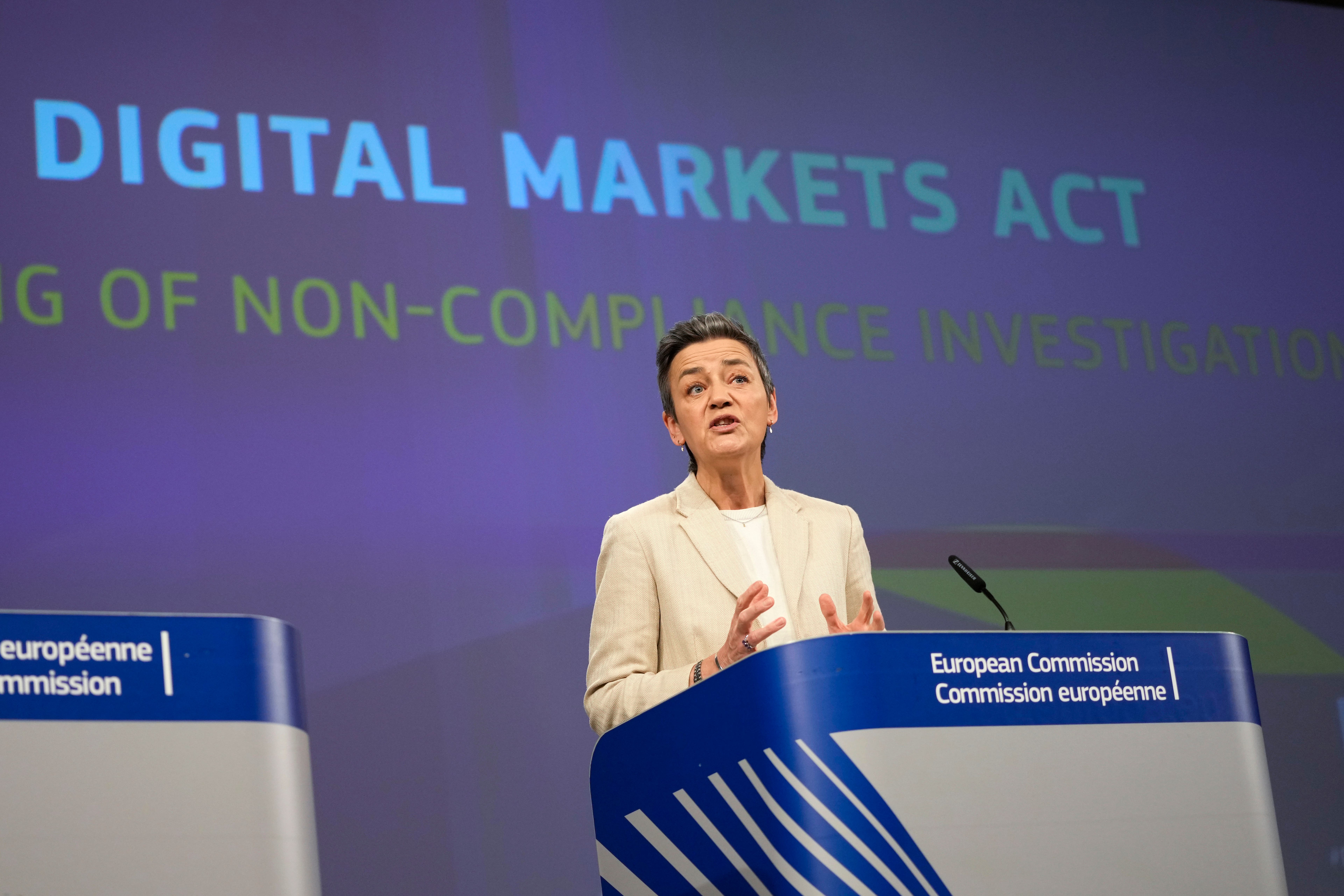 European Commissioner for Europe fit for the Digital Age, Margrethe Vestager speaks during a media conference regarding the Digital Markets Act at EU headquarters in Brussels, Monday, March 25, 2024. The European Commission on Monday opened non-compliance investigations against Alphabet, Apple and Meta under the Digital Markets Act. (AP Photo/Virginia Mayo)