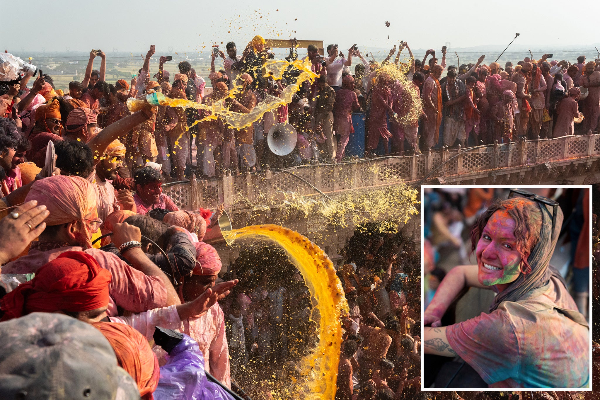 During Holi, buckets of dyed water, flowers and colourful powder are thrown over crowds