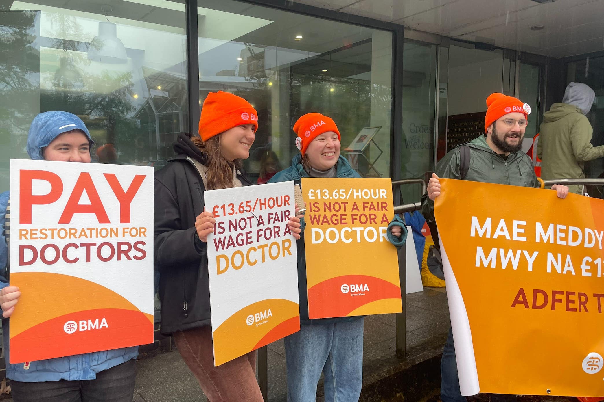 Welsh junior doctors on the picket line outside the University Hospital Wales in Cardiff in February (George Thompson/PA)