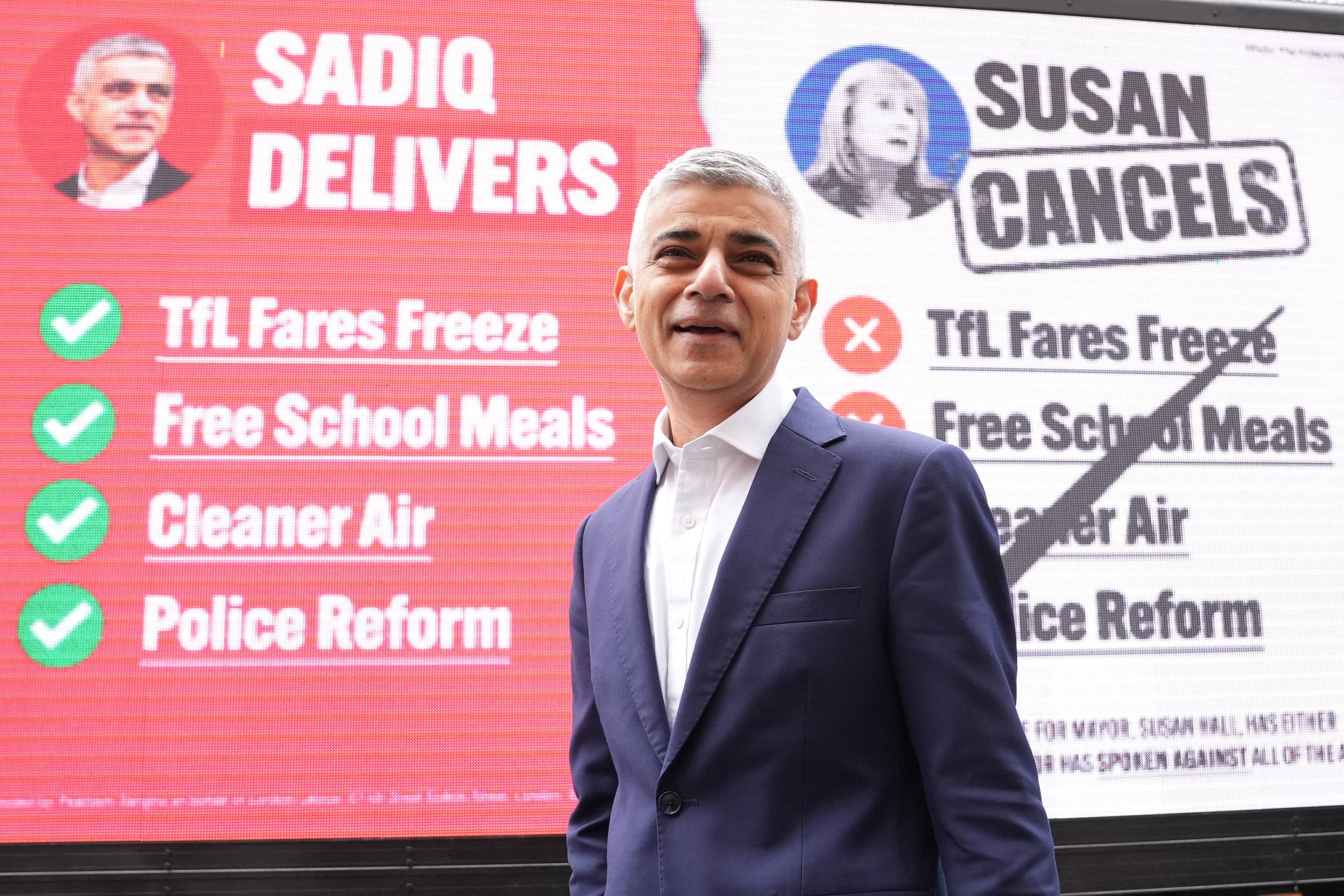 Mayor of London Sadiq Khan at the launch of his poster campaign in central London for the London mayoral election. (Stefan Rousseau, PA)