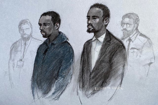 Court artist sketch by Elizabeth Cook of Remy Gordon (left) and Kami Carpenter at Birmingham Crown Court in January (Elizabeth Cook/PA)