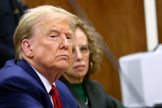 <p>Former president Donald Trump waits with his lawyer Susan Necheles for the start of the hearing </p>