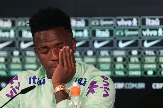 <p>Vinicius Junior cried during the press conference as he spoke of the abuse </p>