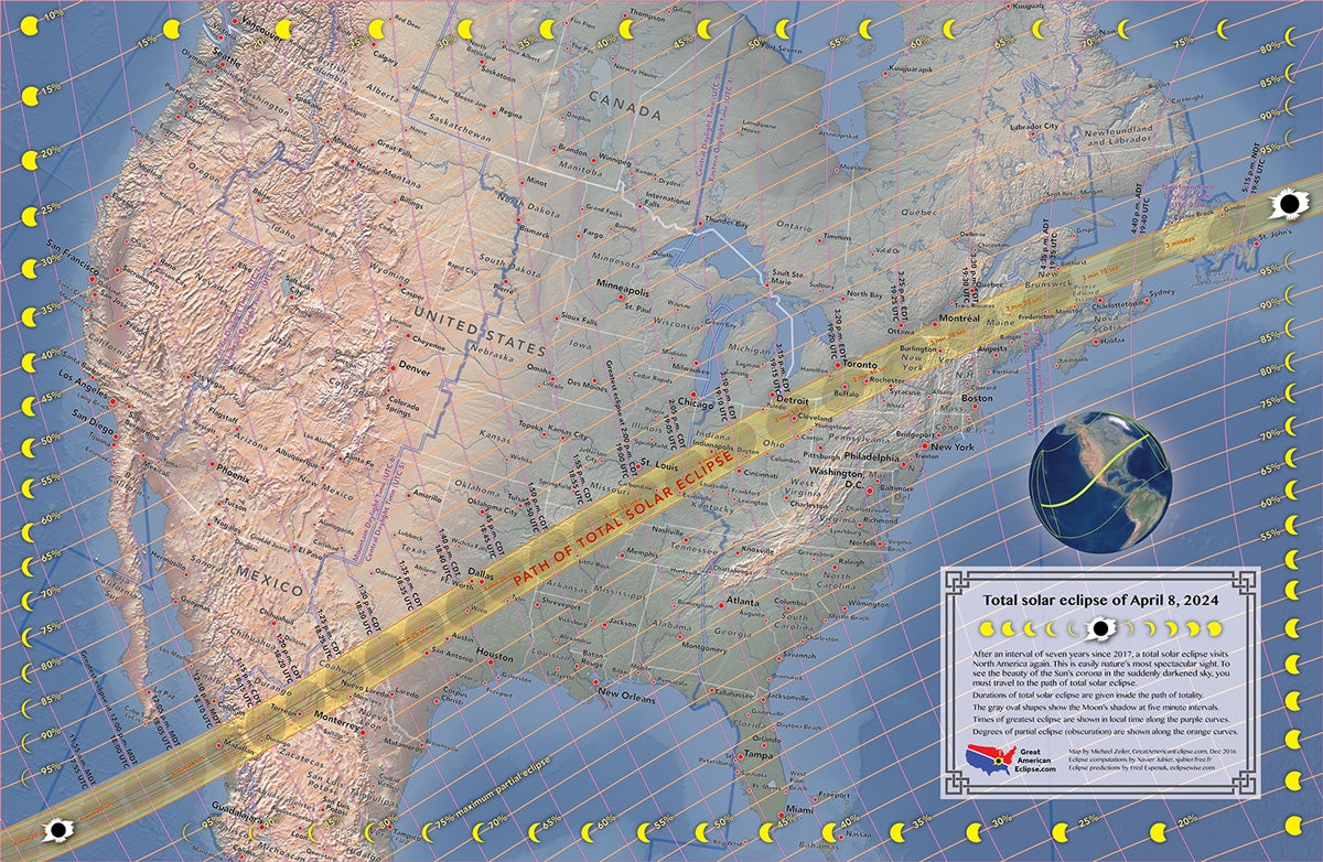 The path of totality for the solar eclipse on 8 April, 2024